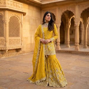 Présentation de la nouvelle collection Sharara : Ensemble haut-bas et dupatta en soie lourde infroissable, entièrement cousu, prêt à porter pour les fêtes de Diwali - Product Image 1