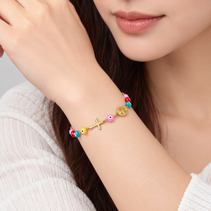 Multicolor <b>Bead</b> Charm <b>Bracelet</b>, Stainless Steel and Enamel, 18K Gold Vacuum Plated, Blue, Black, and Multicolor Options - Product Image 5