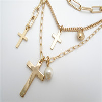 Nouveau collier tendance pour femme avec pendentif croix plaqué or, chaîne multi-liens et perle