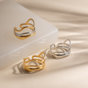 Wave <b>Ring</b> Geometric Stainless Steel Two Tone Gold Silver Women's Fashion Jewelry Gift - Product Image 2