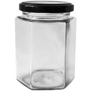 Rỗng rõ ràng thủy tinh hình lục giác thực phẩm lưu trữ container thủy tinh mật ong lọ với kim loại màu đen có nắp đậy - Product Image 1
