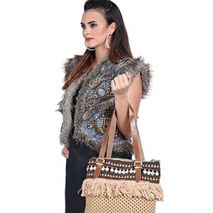 Sac fourre-tout en jute artisanal de style vintage décontracté, broderie, perles, nouveau design traditionnel indien au crochet, doublure en coton, fermeture éclair - Product Image 2
