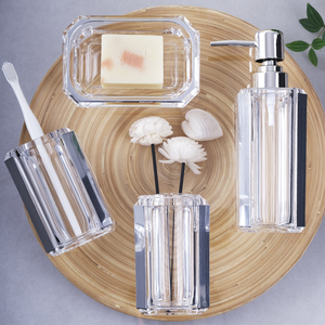 Juego de Accesorios de Baño Modernos de PMMA con Acabado Cristalino, Dispensador de Jabón y Loción, Vaso <span class=keywords><strong>para</strong></span> Gárgaras, Jabonera, 4 Piezas, Metal Cepillado - Product Image 3