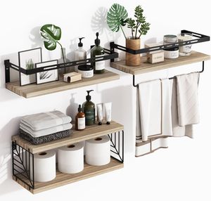 Étagères murales flottantes en <span class=keywords><strong>bois</strong></span> avec cadre métallique <span class=keywords><strong>et</strong></span> barre porte-serviettes pour rangement d'épices, <span class=keywords><strong>grande</strong></span> capacité, robustes, pour salle de bain <span class=keywords><strong>et</strong></span> cuisine - Product Image 4