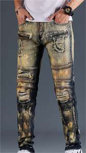 سروال جينز دينم للرجال, سروال جينز دينم للرجال بتصميم عتيق قصة مستقيمة ذو طيات بخياطة للرجال ، سروال جينز ممزق بتصميم الشارع - Product Image 5