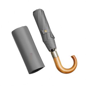 Parapluie pliable automatique à 3 volets avec poignée en bois et logo personnalisé multicolore pour hommes - Product Image 4