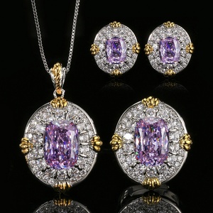 Parure de bijoux vintage écologique en cuivre et zircon violet plaqué or, avec collier et boucles d'oreilles en zircon cubique 10*14-6*8mm pour femme - Product Image 2