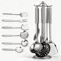 Ensemble de 6 ustensiles de cuisine en acier inoxydable, finition miroir, avec écumoire décorative, spatule solide, fourchette à viande et design avec boucle de suspension