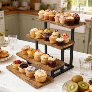 Présentoirs en <span class=keywords><strong>bois</strong></span> à 4 niveaux avec cadre métallique, ensemble de table à dessert antidérapant et stable pour la présentation de gâteaux, cupcakes et snacks - Product Image 1