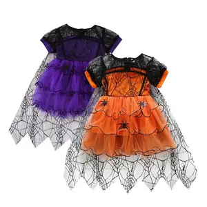 Праздничная одежда От 1 до 5 лет для детей ясельного возраста, для девочек-младенцев с тематикой Хэллоуина платье Оранжевый Фиолетовый паук плащ платье-пачка костюм ведьмы KHPD-004