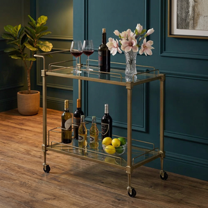 Chariot de bar moderne doré avec étagères en verre, chariot de service roulant pour les fêtes à domicile - Product Image 2