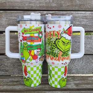 Vasos Térmicos de Acero Inoxidable de Doble Pared con Aislamiento al Vacío de 40oz, 6 Colores, Diseño <span class=keywords><strong>Grinch</strong></span> de Feliz Navidad, Verdes con Asa y Pajita, Taza de Oficina - Product Image 3