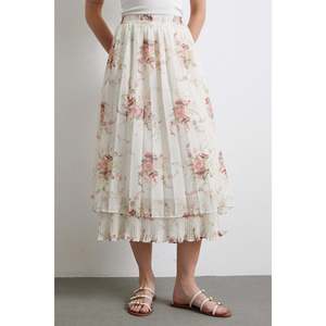 Falda Plisada con Volantes para Mujer, de Gasa, Cintura Elástica, Estampado Floral Suave, Color Crema, Largo Medio - Product Image 2