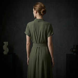 Robe chemise vert olive à col en V avec ceinture et ourlet asymétrique, longueur midi, tenue décontractée d'été pour femmes - Product Image 6