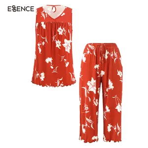 Conjunto de camisola con estampado Floral para mujer, conjunto de ropa de salón con volantes personalizados, tejido de bambú, de verano