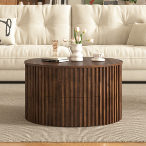 Tavolino da Caffè Rotondo VIBE HAUS con Piano Sollevabile, Moderno in Legno Scanalato con Vano Nascosto per Soggiorno - Product Image 4