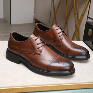 Engraved high-end men's lace-up business leather shoes with low heels, comfortable genuine leather, British style - Product Image 1