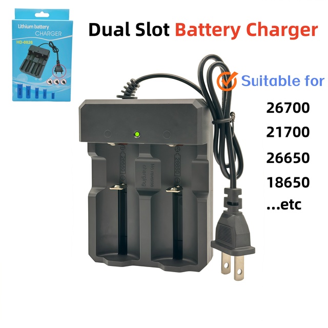 Dual Slot Smart Lithium-Ion Battery Charger with US/EU Plug for 18650/26650/21700/26700 4.2V 800MA Auto-Stop Camera Use