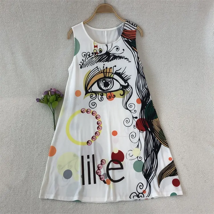 Summer New Fashion Flow Eye Print Round Neck Sleeveless Knee Length Cute Girl Floral Dress