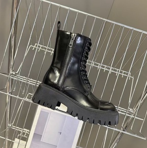 Black glossy leather thick-soled Martin <b>boots</b> with laces with leather straps for motorcycle wear women's mid-calf <b>boots</b> - Product Image 5