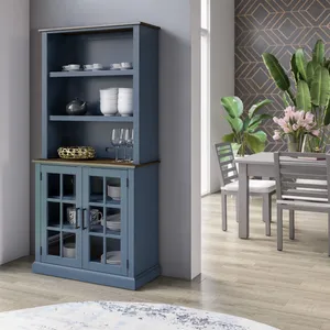 36'' <strong>Blue</strong> Modern Wood <strong>Sideboard</strong> with Bar Hutch &amp; Glass Doors Eco-Friendly 2-Tier Buffet Cabinet for Dining Room &amp; Kitchen - Product Image 1