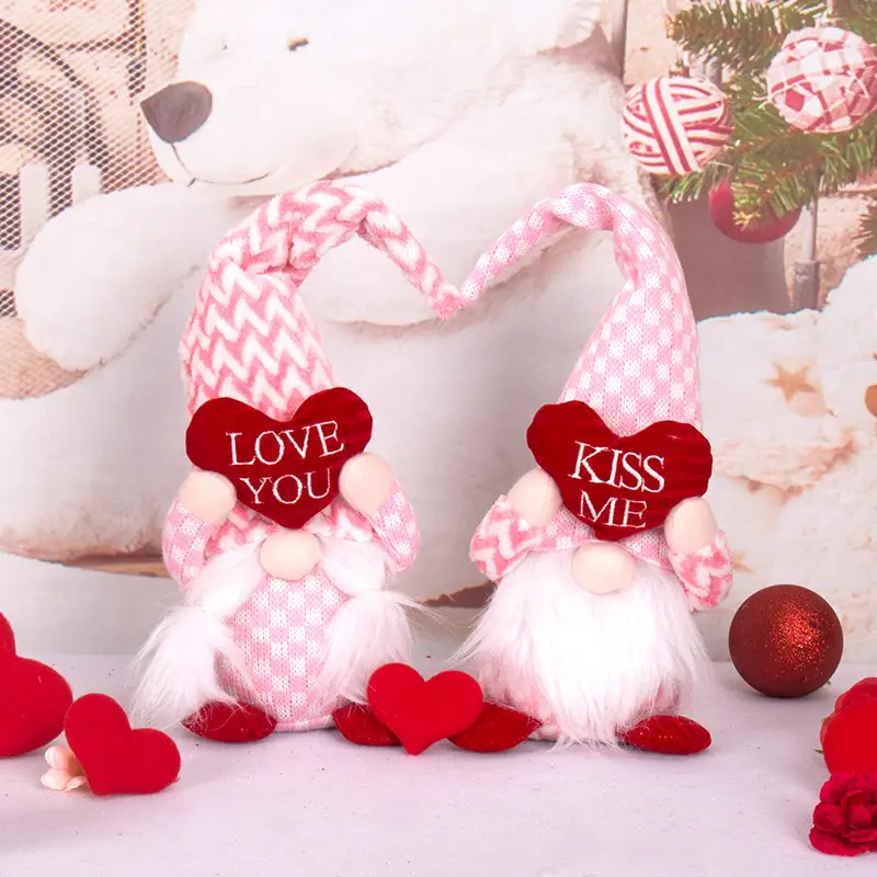 Handmade 2 PCS Valentines Day Felt Stuffed Gnomes Plush Faceless Doll Elf Decorations Home Table Farmhouse Present