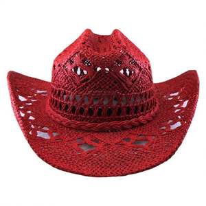 Chapeau de soleil en paille ajouré pour femme et fille, style vacances, avec ceinture tressée, modèle cowboy rouge tendance - Product Image 2