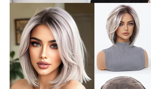 Peluca Bob de Encaje Frontal con Base de Seda 13x6 Future Fiber, Gris Plateado, Alta Calidad, 150% de Densidad, Resistente al Calor, Cabello Corto Liso y Suave - Product Image 5