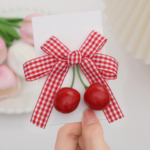 Fermaglio per <span class=keywords><strong>capelli</strong></span> a doppia ciliegia rosso dolce stile coreano con fiocchi a strisce rosse, accessori per <span class=keywords><strong>capelli</strong></span> per bambine - Product Image 3