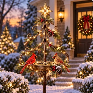 Metal <b>Christmas</b> Tree Bird Feeder With Warm <b>LED</b> Lights Pine Cone Berry <b>Decor</b> For Yard Garden Lawn - Product Image 2