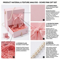 Solution d'emballage rose complète avec boîte rigide magnétique, fermeture sécurisée et nid de raphia naturel.