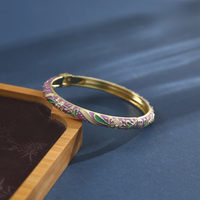 Gelang Berengsel Enamel Motif Bunga Gaya Cloisonne, Gelang Berpola Bunga Lukis Vintage Berlapis Emas, Perhiasan Fashion Elegan