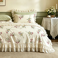 Parure de lit en coton 100% vert sauge à motifs floraux botaniques, style nordique pastoral avec volants superposés, ensemble housse de couette vert sauge et vert sarcelle