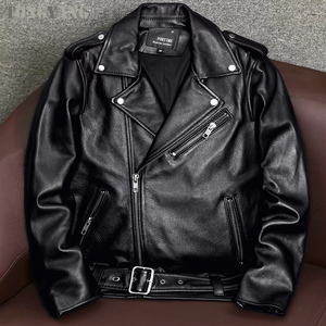 TONGYANG Giacca Moto Classica Primaverile con Cerniera Obliqua per <span class=keywords><strong>Uomo</strong></span>, Giacca in Vera Pelle di Vacchetta e Pelle di Pecora - Product Image 1