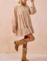 Robe chemise vintage à rayures et imprimé floral pour femme, col à revers, manches longues, à volants, poches latérales, coupe ample, décontractée, mini, grande taille, tunique