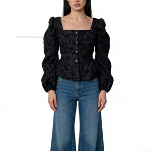 Women's Jacquard Square Neck Puff Sleeve Peplum Blouse - Button-Front Casual <b>Top</b> Shirt Fashion - Product Image 4