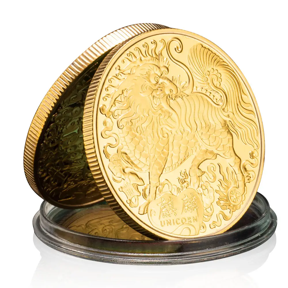 Recuerdo de dragón chino moneda chapada en oro La Mascota tradicional de la suerte unicornio Kylin moneda conmemorativa moneda coleccionable