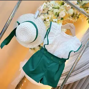 Rarewe kore 2023 moda çocuk yaz kız takım elbise fırfır T-shirt yeşil şort güneş şapkası 3 adet giysi setleri