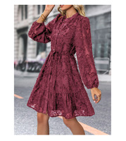 Robe de soirée de Noël vintage élégante en dentelle à manches longues, coupe trapèze, longueur midi pour femme, idéale pour les célébrations printanières/automnales