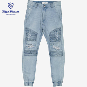 Hombres BIKER JEANS luz azul roto lavado tobillo elástico JEAN - Product Image 2
