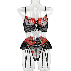Sexy Lace Flowers Embroidery Transparent Sexy Lace-Up Lingerie Sets Three Piece Womens Sexy Underwear - Product Image 5
