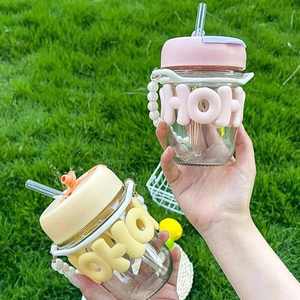 Nouveau haute valeur mignon Ins filles 400ml Portable clair tasse à boire résistant à la chaleur voyage verre jus <span class=keywords><strong>bouteille</strong></span> d'eau avec paille - Product Image 1