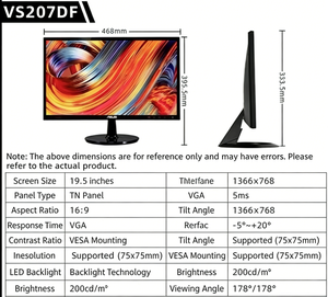 A sus VS207DF 19.5 Inch TN Panel Monitor 1366x768 5ms LED Backlit VGA Display with 75x75mm <b>VESA</b> <b>Mount</b> - Product Image 2