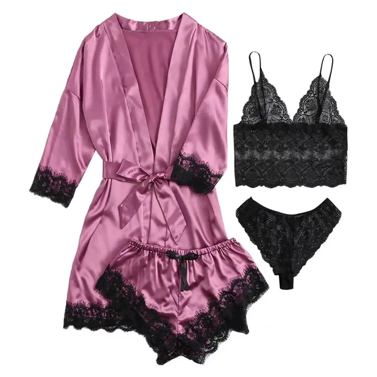 Vente en gros Robe en dentelle Soie Satin Pyjama Lingerie longue Manches Vêtements de nuit 4 Pièces Ensemble Vêtements de nuit sexy pour femmes