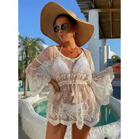 Bikini Vertuschungen Weiße Spitze Tunika über dem Knie Summer Beach Kleid Frauen Beach Wear Badeanzug Cover Up