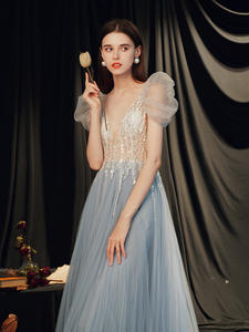 Azul largo de lujo Sexy ilusión señora chica Mujer Princesa banquete actuación baile vestido de graduación vestido - Product Image 5