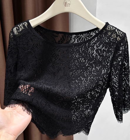 Women's Black Lace Hollowed Out Short Sleeved Top with Round Neck and Perspective Short, Slim Fit and Sexy Pullover T-shirt
