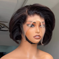 Perruques Courtes Ondulées Pixie Cut Sans Colle en Cheveux Humains, Coupe Droite, Bob Dégradé, Perruques Full Lace pour Femmes Noires