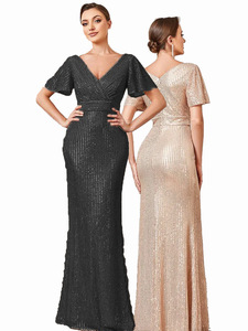 Vestido de noche largo con lentejuelas y cuello en V, estilo europeo y americano, con elegante abertura para fiestas y reuniones. - Product Image 1