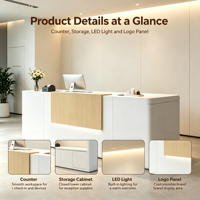 Comptoir de réception blanc personnalisé avec panneau en bois et éclairage LED pour bureau, hôtel, hall d'entrée